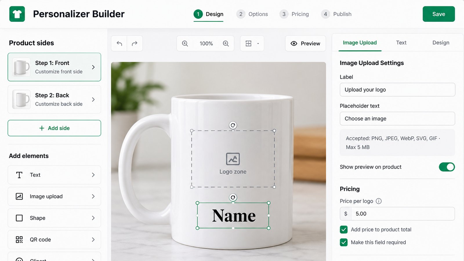 Illustration of a personalizer canvas: a logo zone for customer uploads and a name text area placed on a mug, with upload settings for accepted formats, a 5 MB limit and a price per logo
