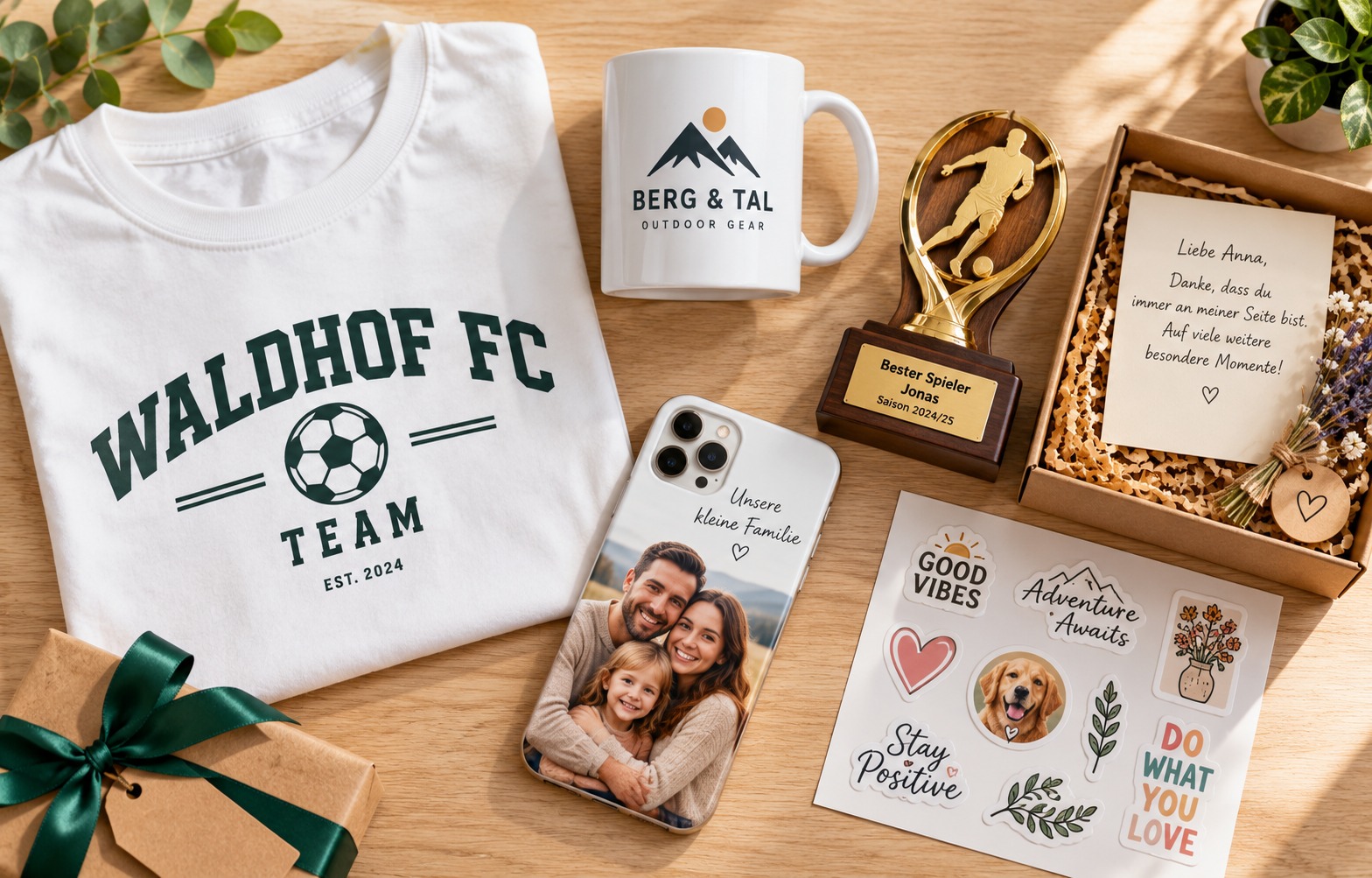 Personalisierte Produkte: Vereins-T-Shirt Waldhof FC, Tasse mit Firmenlogo, Pokal „Bester Spieler Jonas“, Handyhülle mit Familienfoto, Geschenkbox mit Grußkarte und Stickerbogen