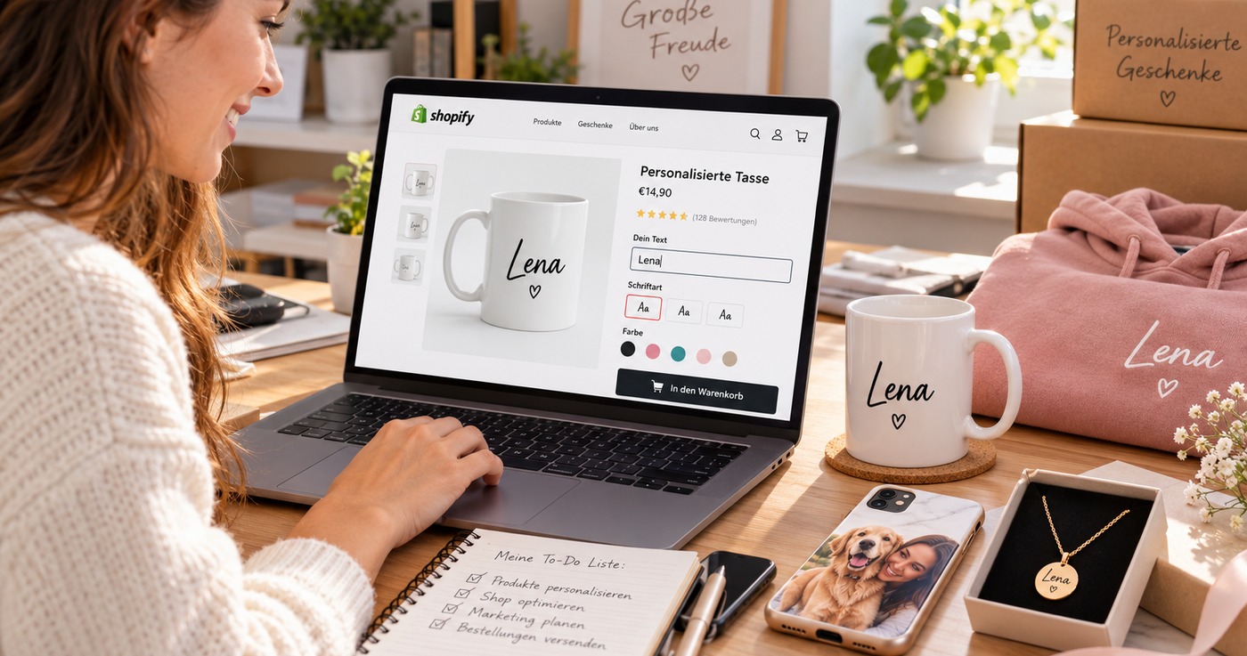 Shop-Inhaberin am Laptop: Auf einer Shopify-Produktseite erscheint der Name Lena live auf der Tassen-Vorschau, daneben personalisierte Tasse, Hoodie, Handyhülle und Namenskette