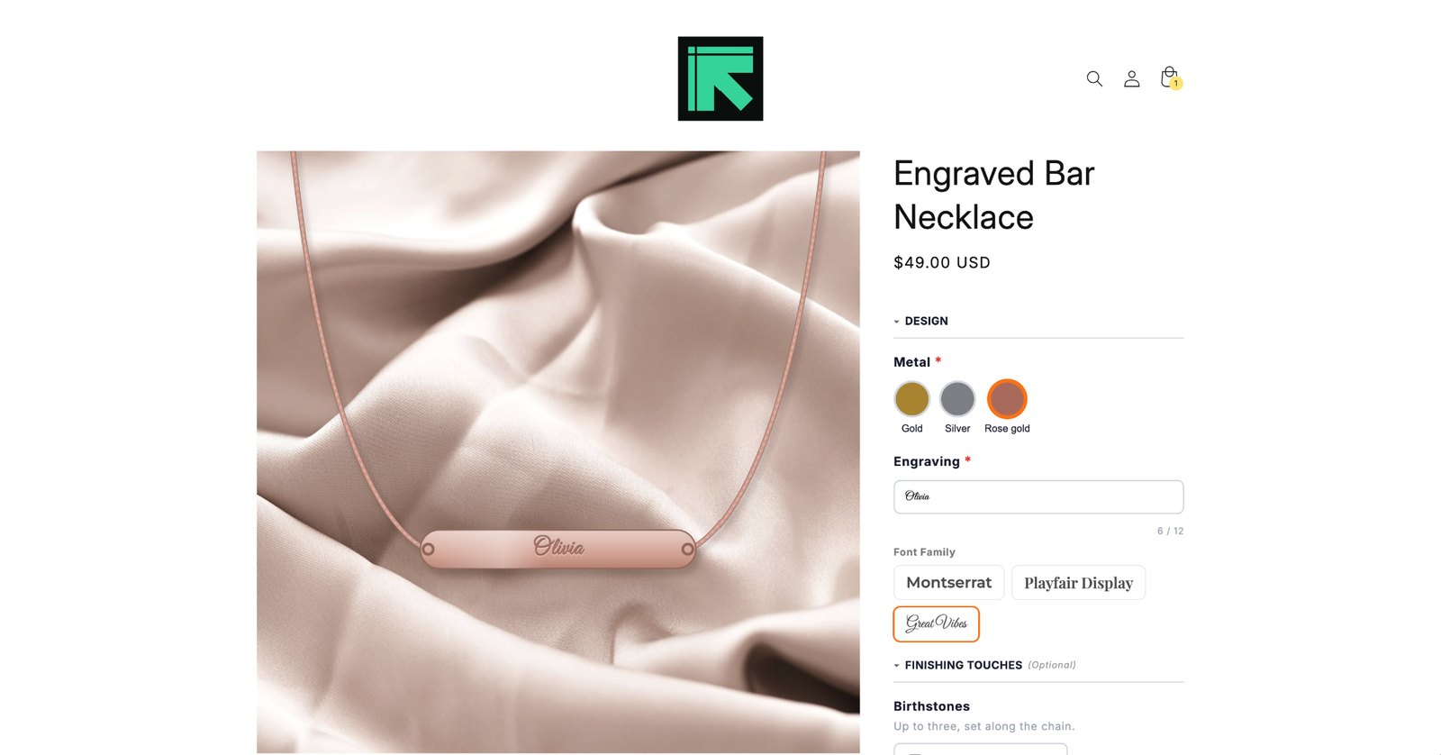 An Engraved Bar Necklace product page: the rose gold bar shows Olivia in a script font as the shopper types, with metal swatches and font choices
