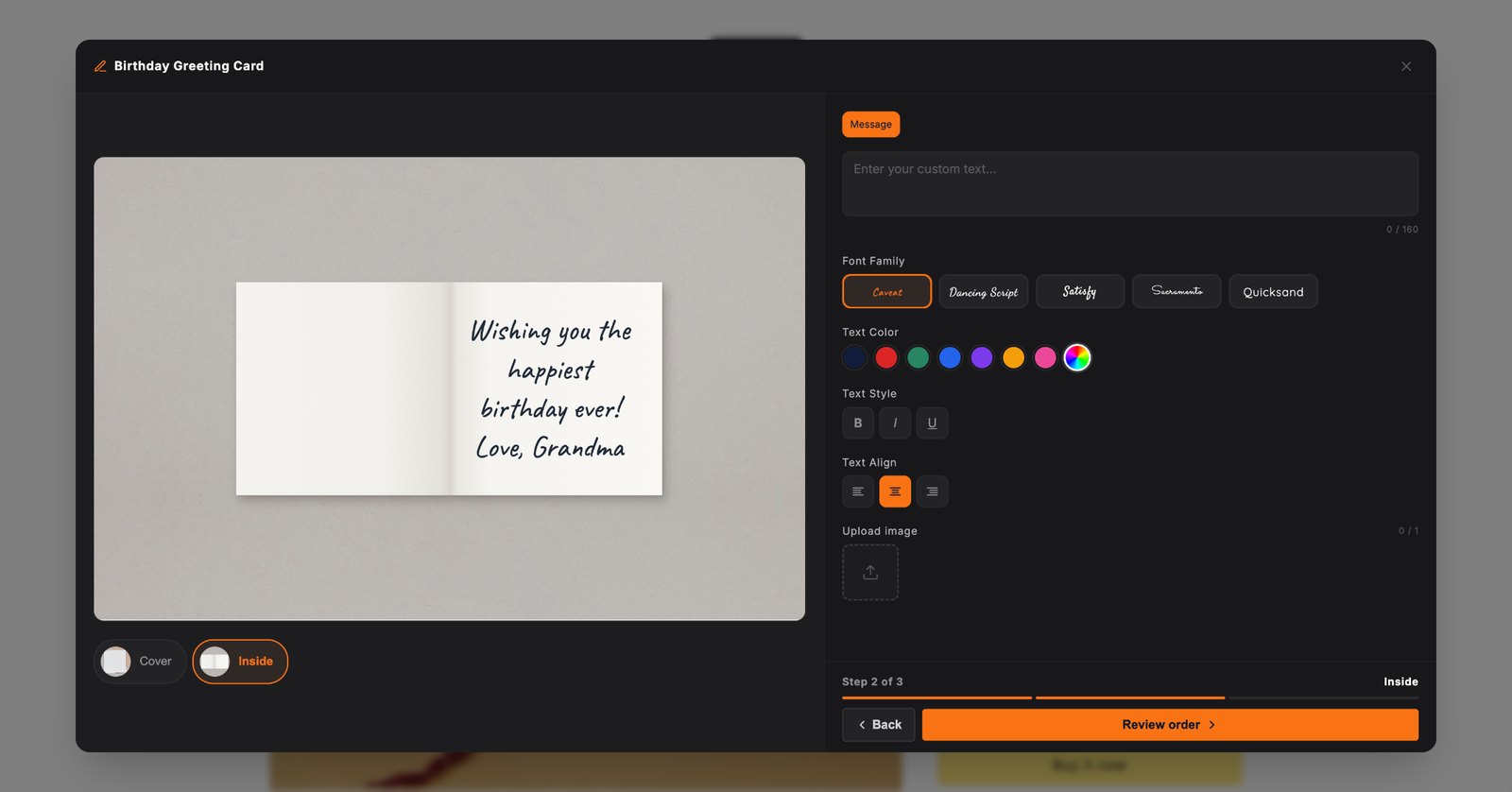 A shopper on step 2 of 3 of a birthday card personalizer typing an inside message, with Cover and Inside view tabs, fonts, colors and an image upload