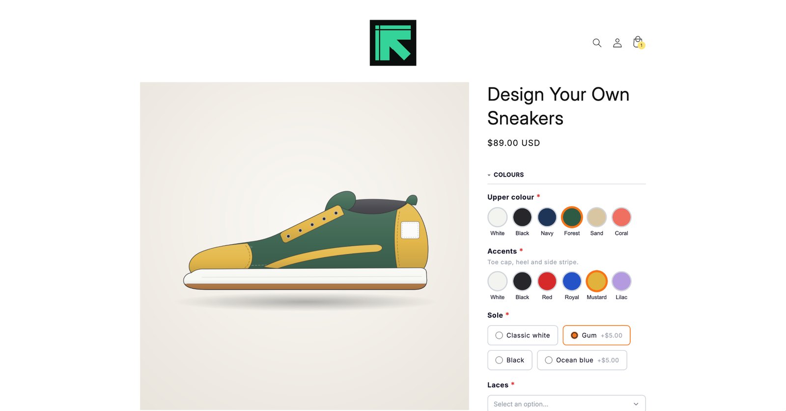 Design Your Own Sneakers product page built with PIMW Product Personalizer: the sneaker preview shows a Forest upper and Mustard accents chosen from color swatches, with sole choices priced +$5