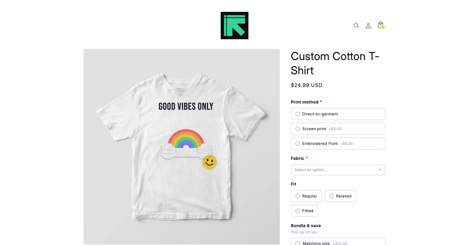 A Custom Cotton T-Shirt product page with PIMW option fields for print method with prices, fabric, fit and bundle add-ons