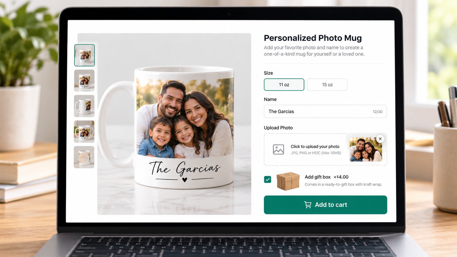 A Shopify product page for a personalized photo mug with a name field, photo upload and a live preview of the design wrapped on the mug