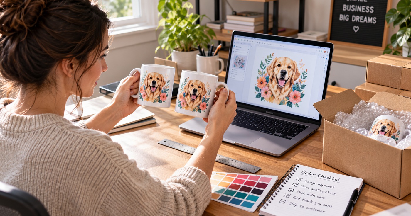 Seller comparing two golden retriever sample mugs with the same artwork on a laptop, with a color swatch card, a ruler, an order checklist and a packed mug in a box