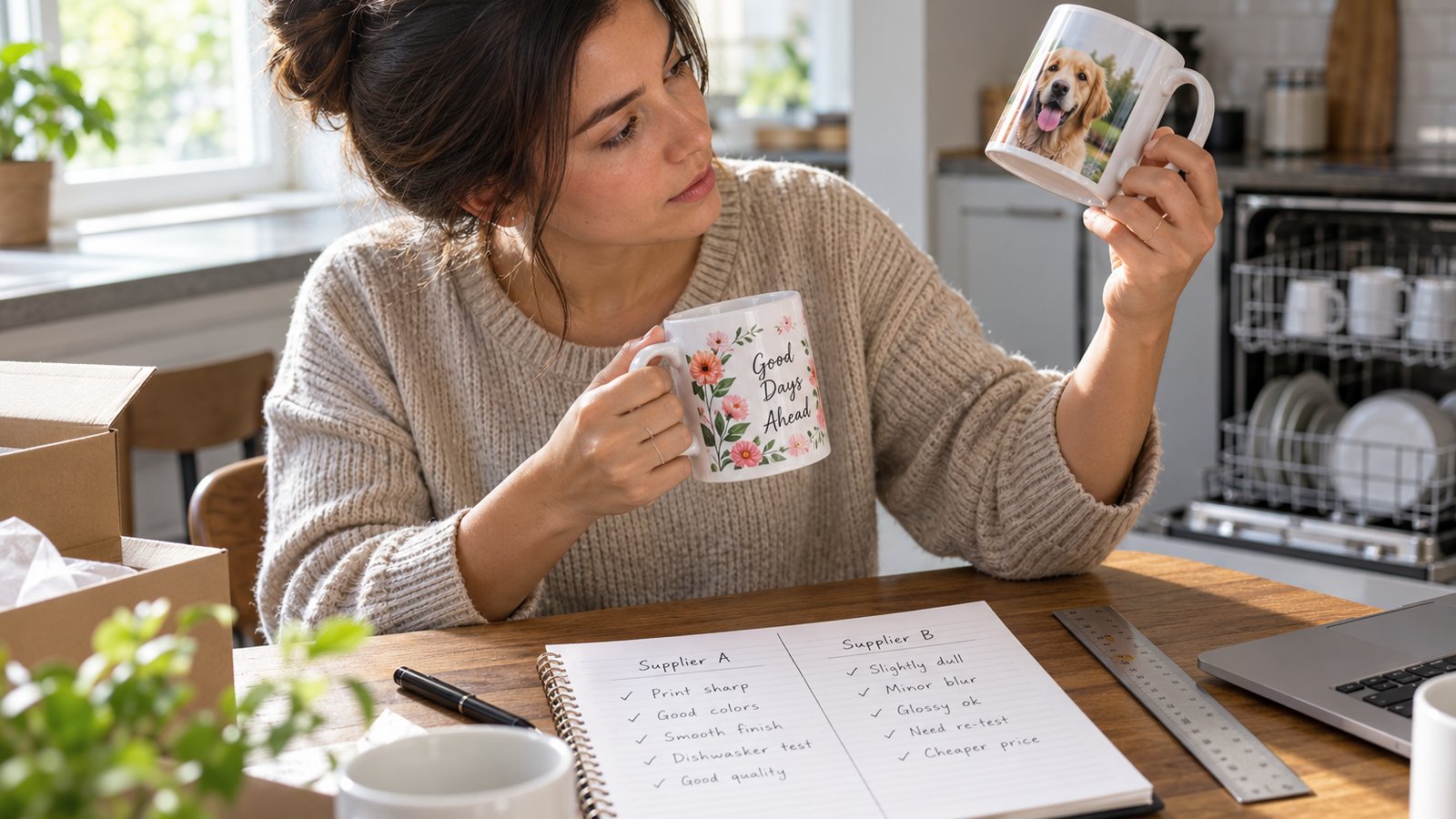 A seller checking sample print-on-demand mugs from two providers side by side for print sharpness and color, with a dishwasher open in the background