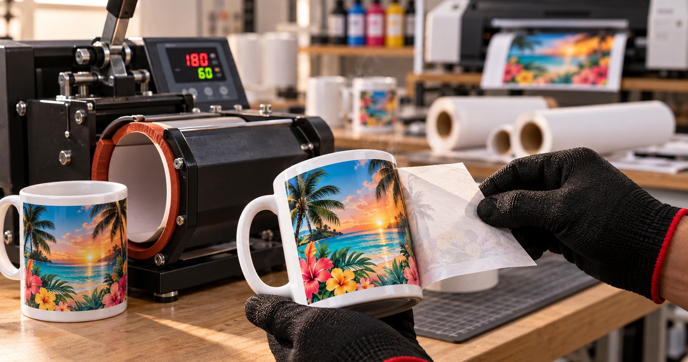 Gloved hands peeling sublimation transfer paper off a freshly pressed mug with a tropical beach design, next to a mug heat press and a sublimation printer
