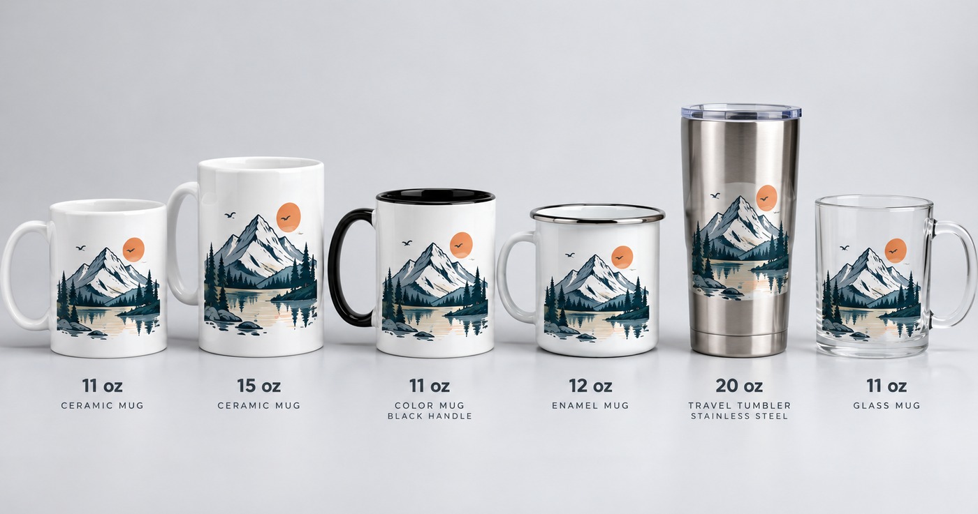 Six mug types with the same mountain design: 11 oz ceramic, 15 oz ceramic, 11 oz black-handle color mug, 12 oz enamel mug, 20 oz stainless travel tumbler and 11 oz glass mug