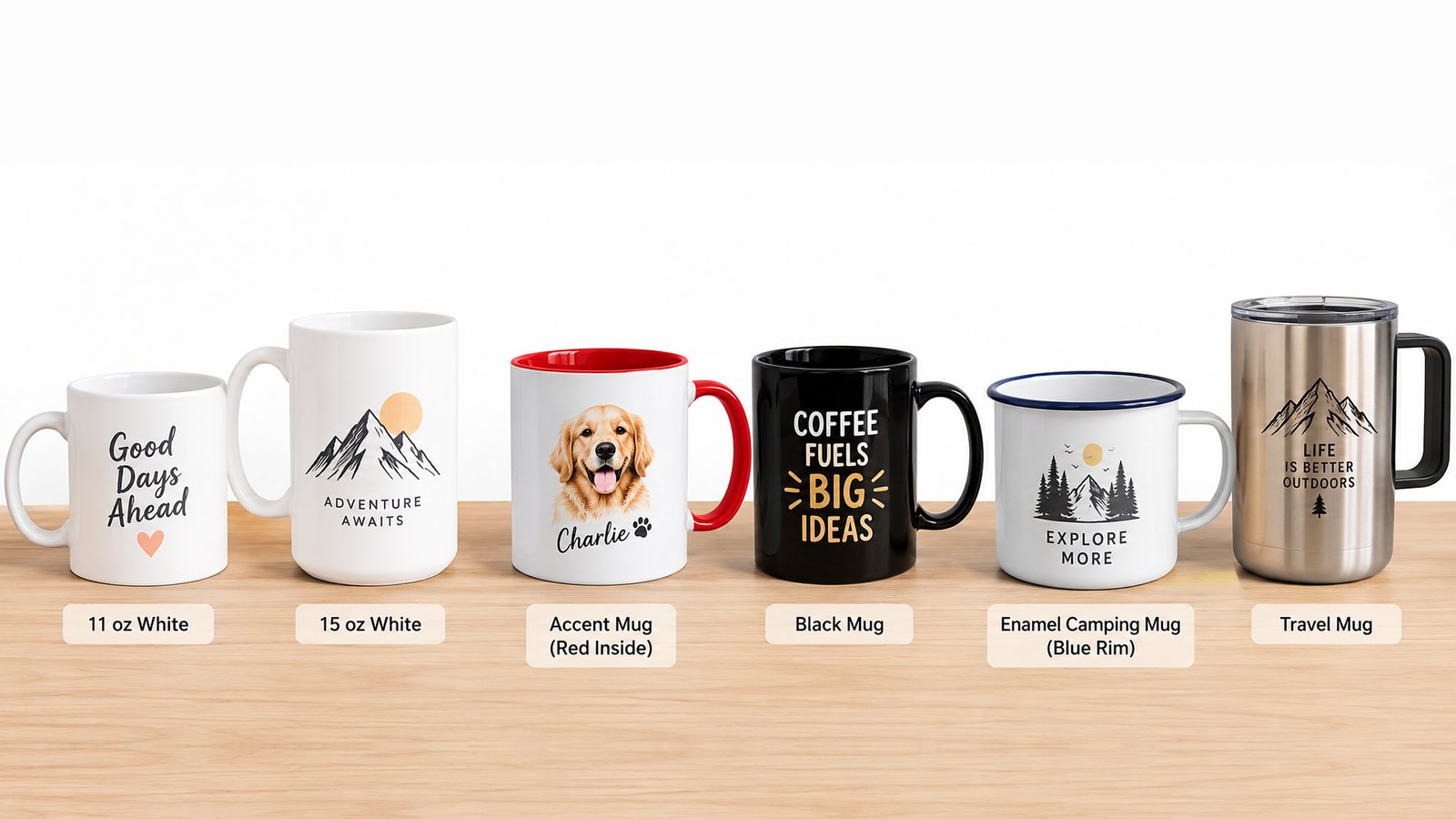 Print-on-demand mug types side by side: white ceramic 11 oz and 15 oz, accent mug with colored inside, black mug, enamel camping mug and travel mug