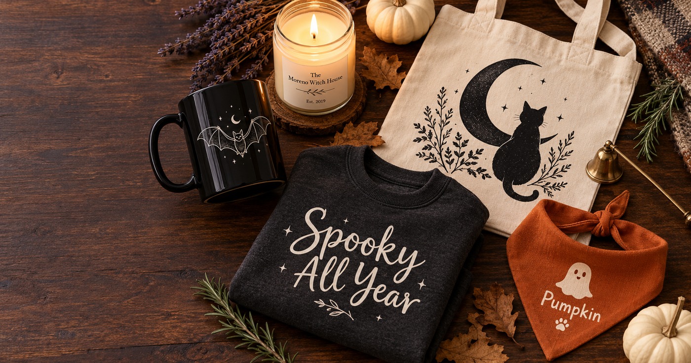 Year-round spooky product flat lay on dark wood: a black mug with a white line-art bat, a candle labelled The Moreno Witch House Est. 2019, a cream tote printed with a moon and black cat, an orange pet bandana with the name Pumpkin, and a charcoal sweatshirt reading Spooky All Year, lit by warm candlelight