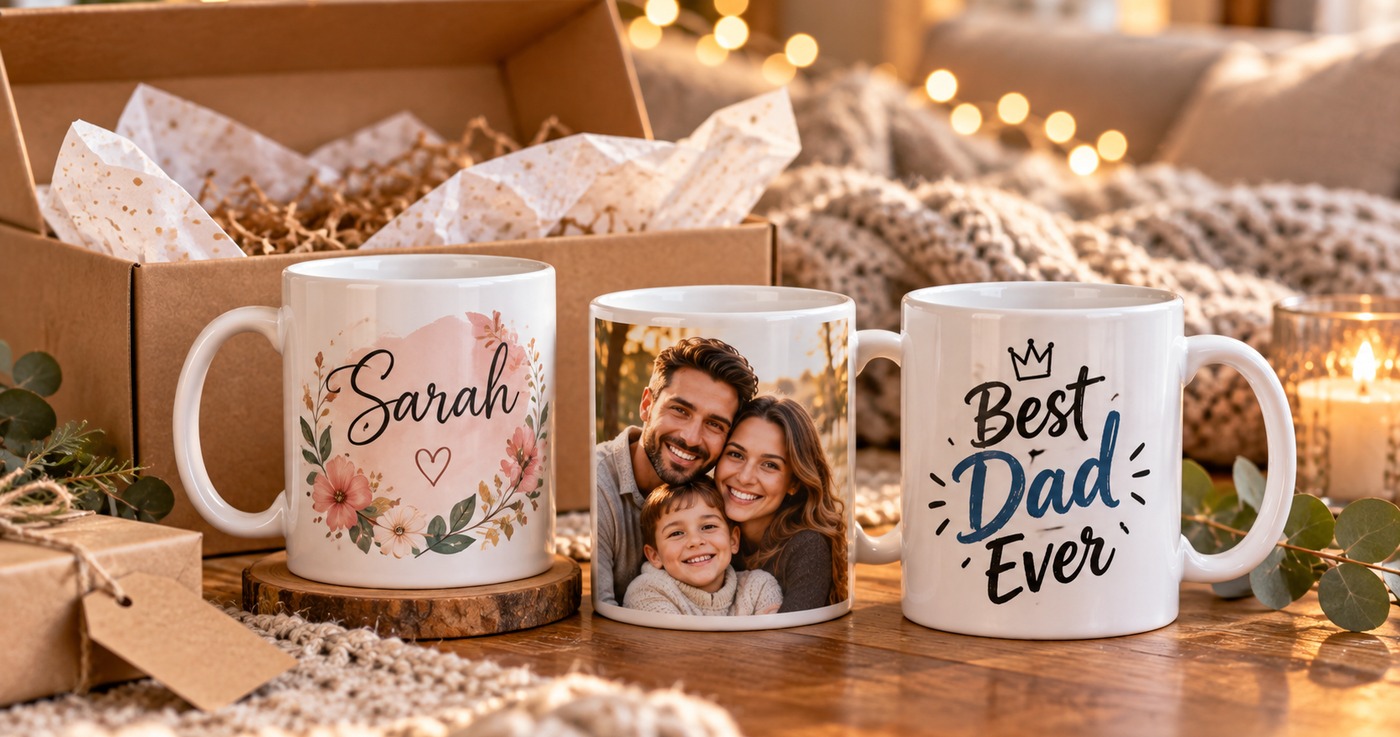 Three personalized mugs in front of a kraft gift box: a floral Sarah name mug, a family photo mug and a Best Dad Ever mug
