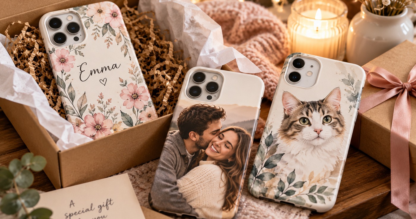 Three personalized phone cases in a kraft gift box setting: a floral Emma name case, a couple photo case and a watercolor cat portrait case
