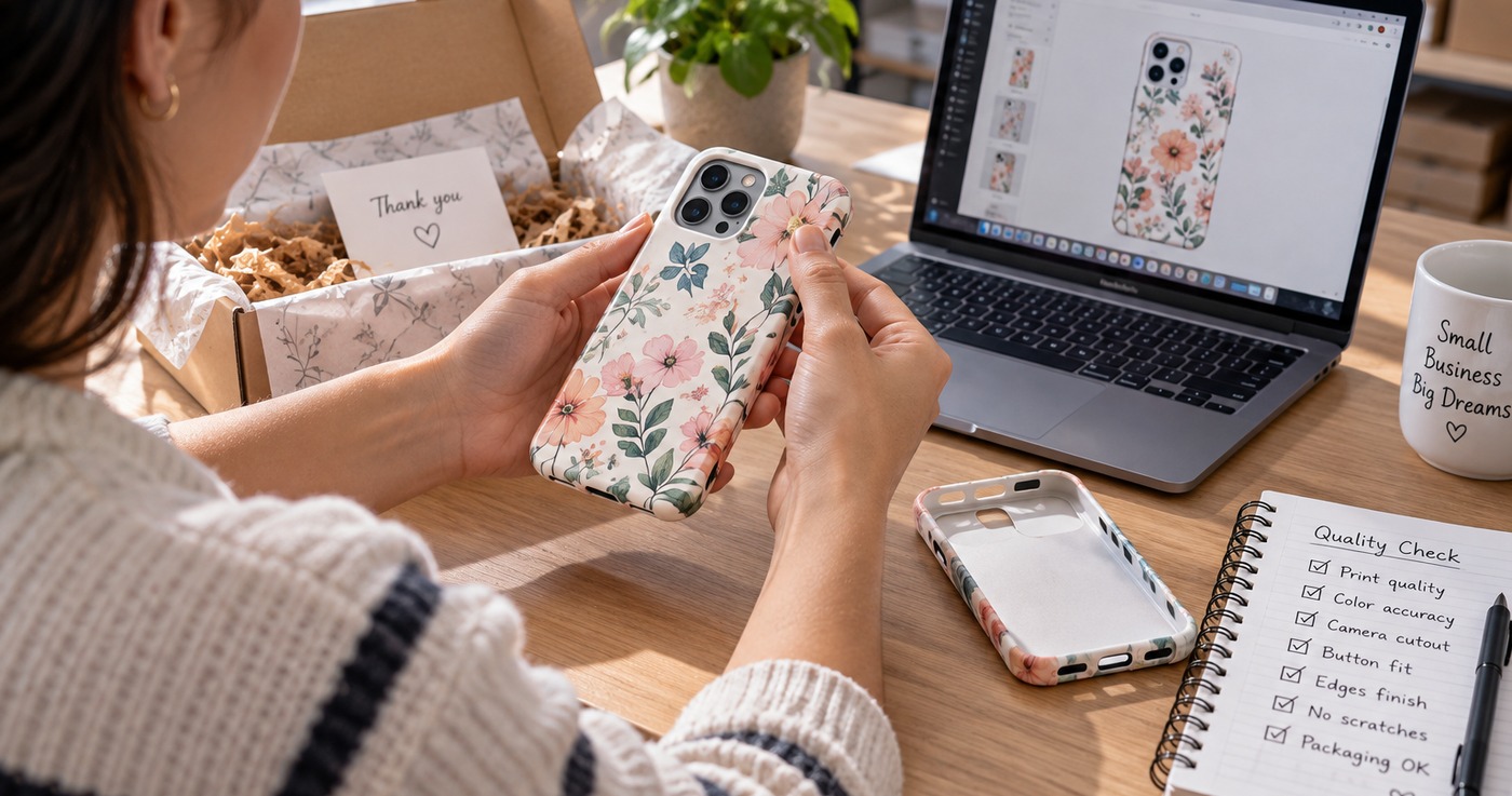 Seller inspecting a floral sample phone case against the same design on a laptop, with a second case, an unboxed mailer and a handwritten quality checklist