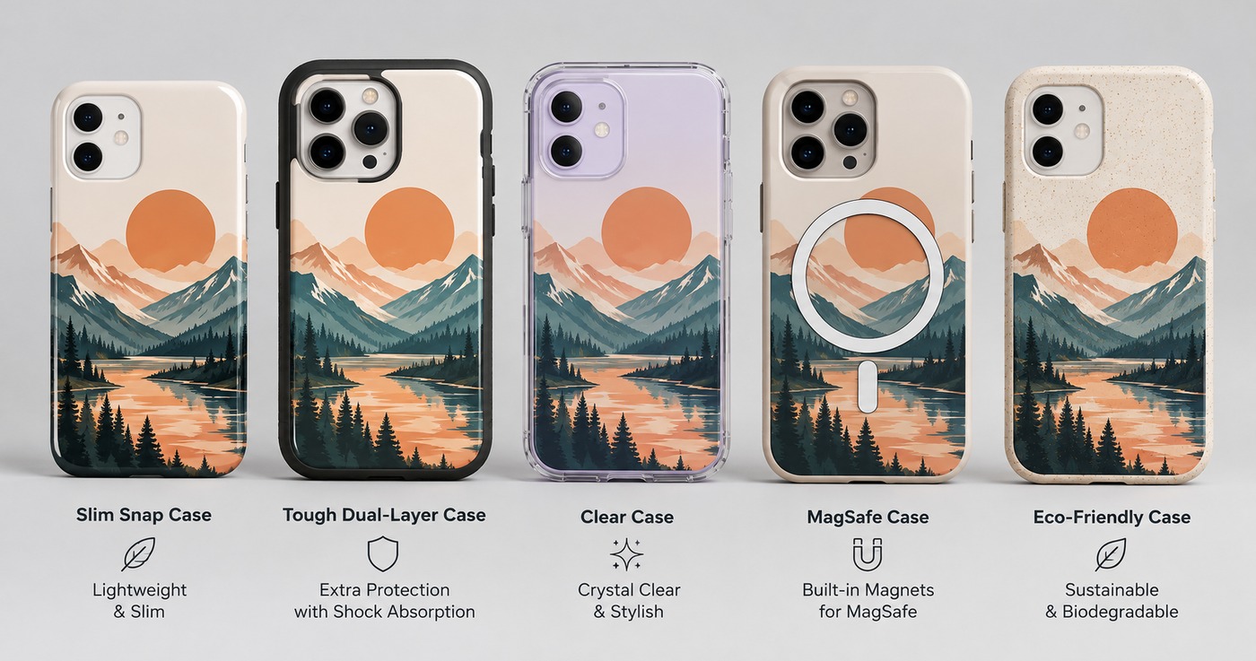 Five phone case types with the same mountain sunset design: slim snap, tough dual-layer, clear, MagSafe with a magnetic ring, and speckled eco-friendly