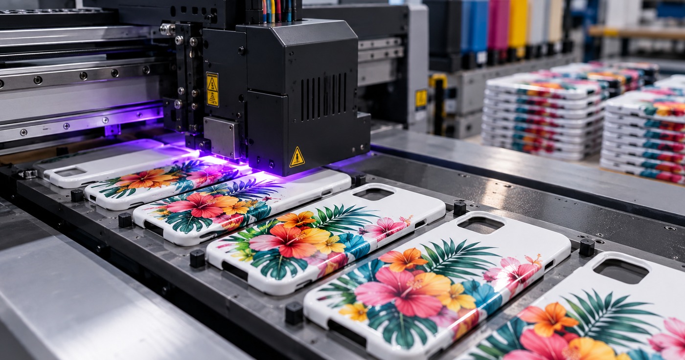 UV flatbed printer head with a violet curing light printing tropical flower artwork onto a row of white phone cases, with finished cases stacked behind
