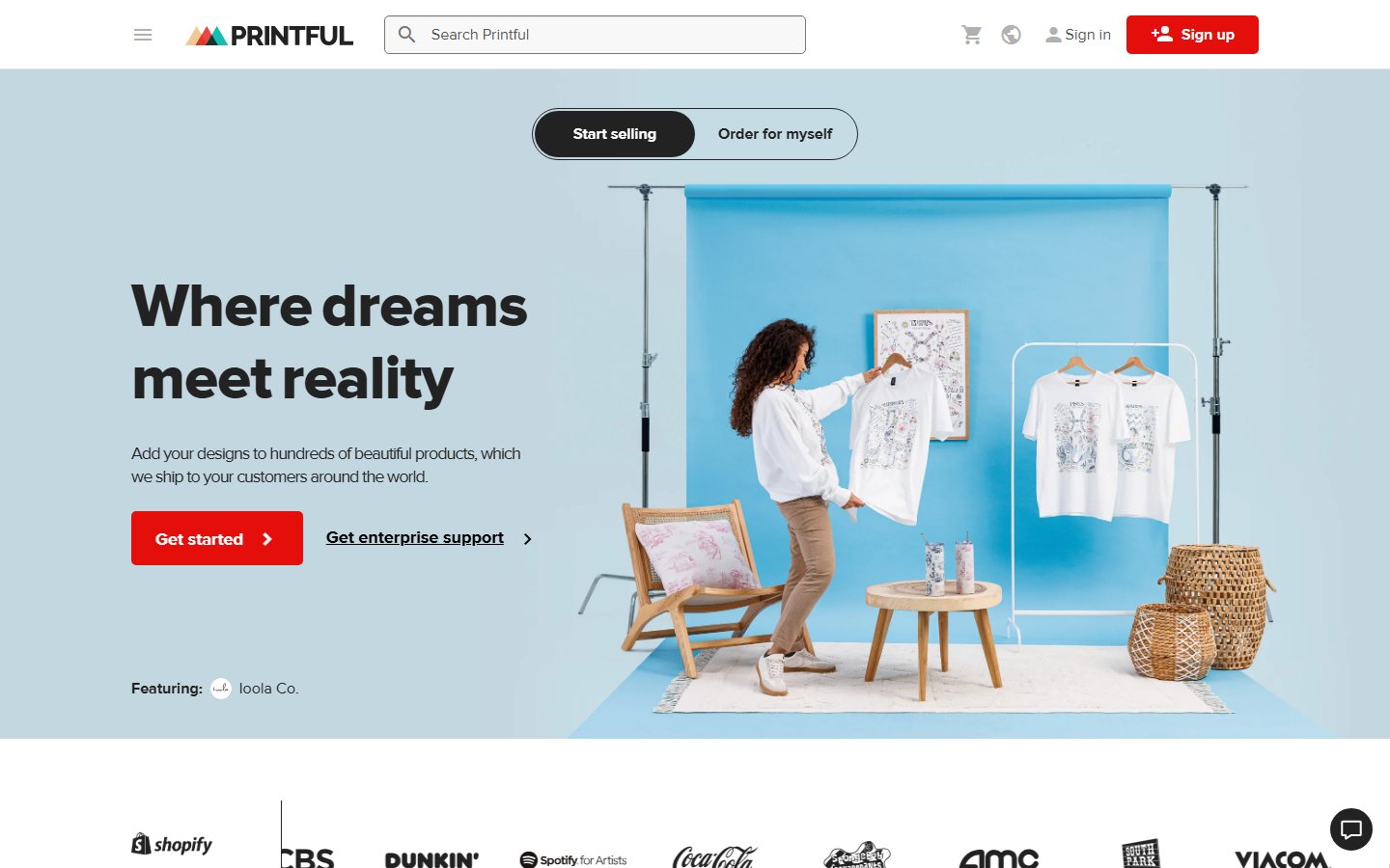 Screenshot of the Printful homepage, taken October 2026