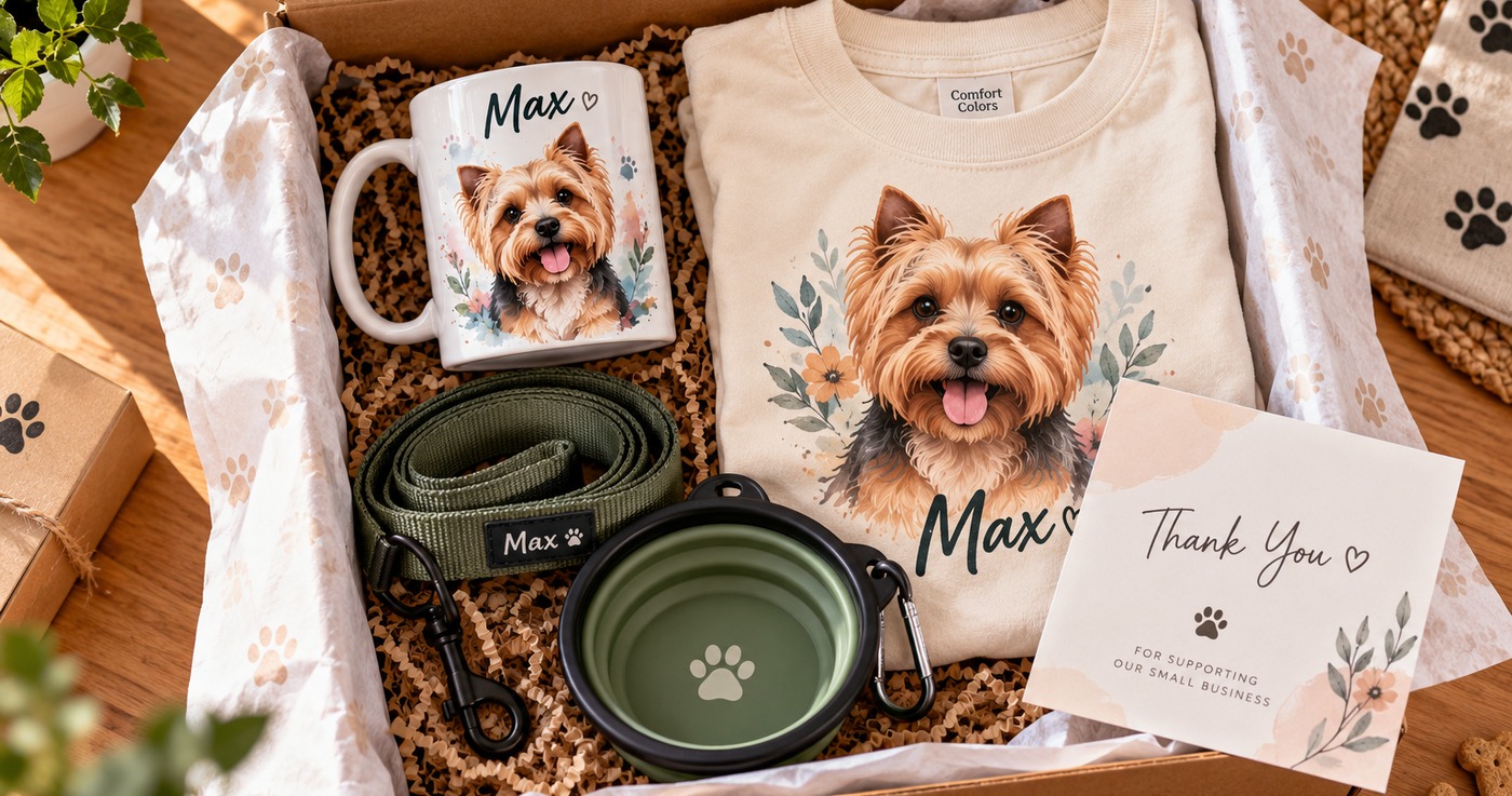 Pet brand order box with a personalized Max Yorkie mug and T-shirt alongside a ready-made leash, a collapsible travel bowl and a thank-you card