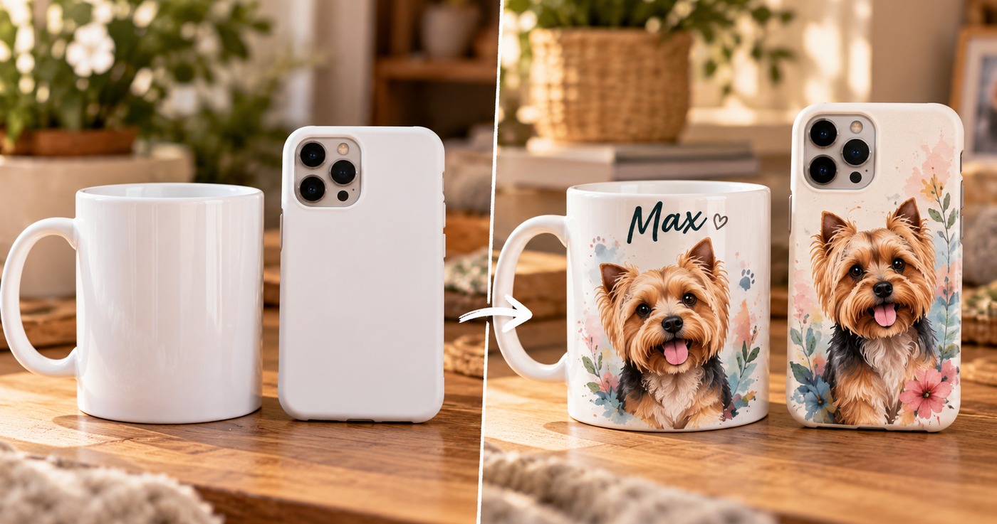Blank white mug and phone case next to the same products personalized with a watercolor Yorkie portrait and the name Max