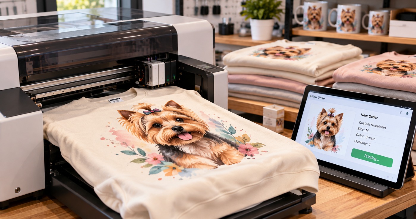 Garment printer printing a watercolor Yorkie design onto a cream sweatshirt, with a tablet showing the new custom order
