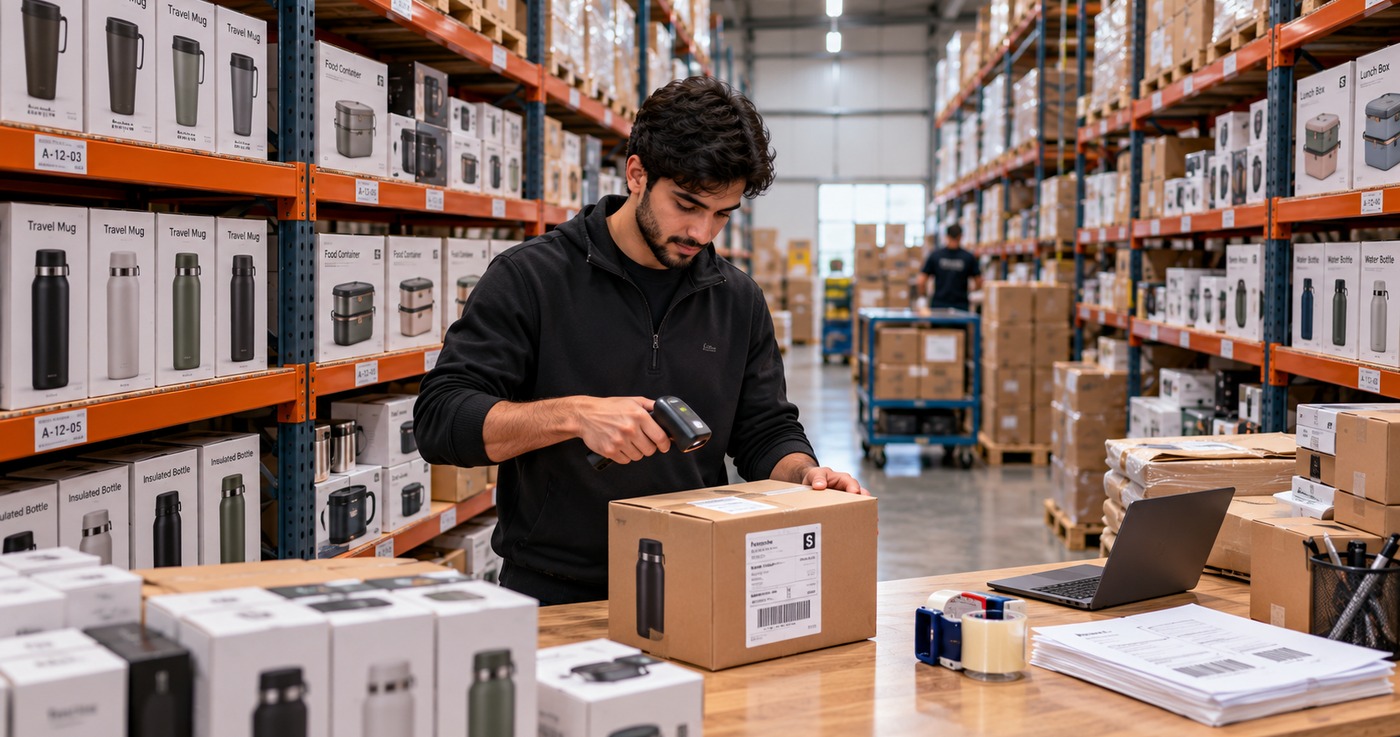 Dropshipping warehouse worker scanning a packed box in an aisle of shelves stocked with boxed travel mugs and bottles