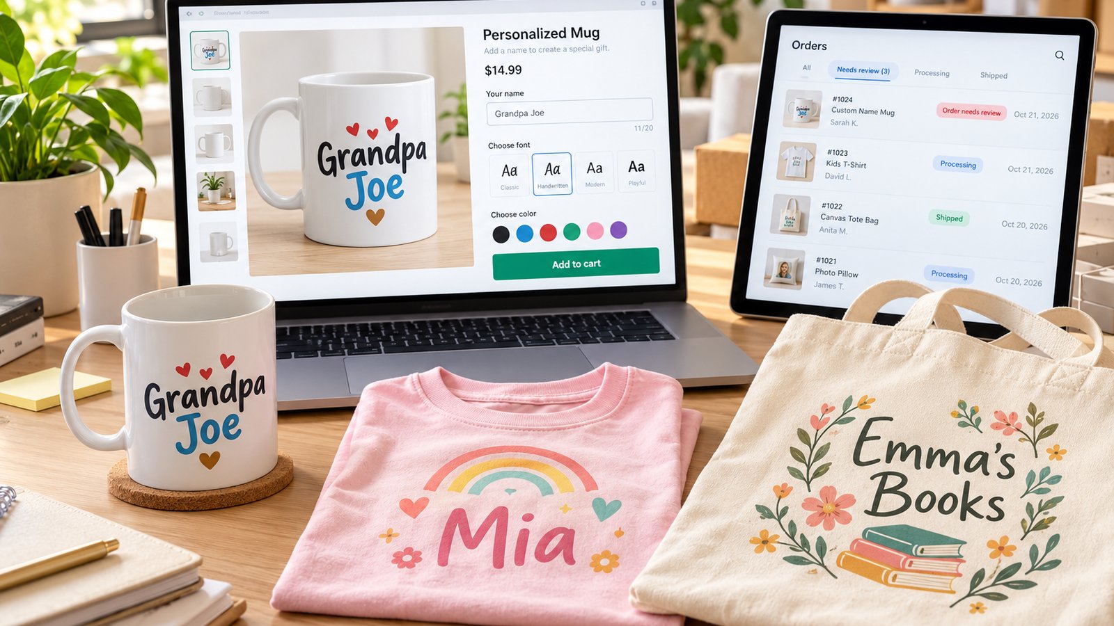 A personalized print-on-demand mug, t-shirt and tote bag with customer names, next to a laptop showing a product page with a name field and live preview and a print-on-demand order waiting for review