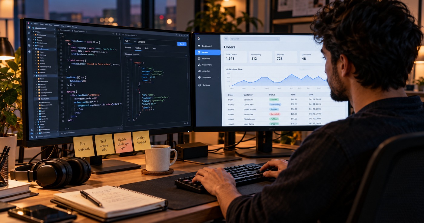 Developer at two monitors: order-fetching code and an API response on one screen, a store orders dashboard on the other, sticky notes about webhooks and stock sync