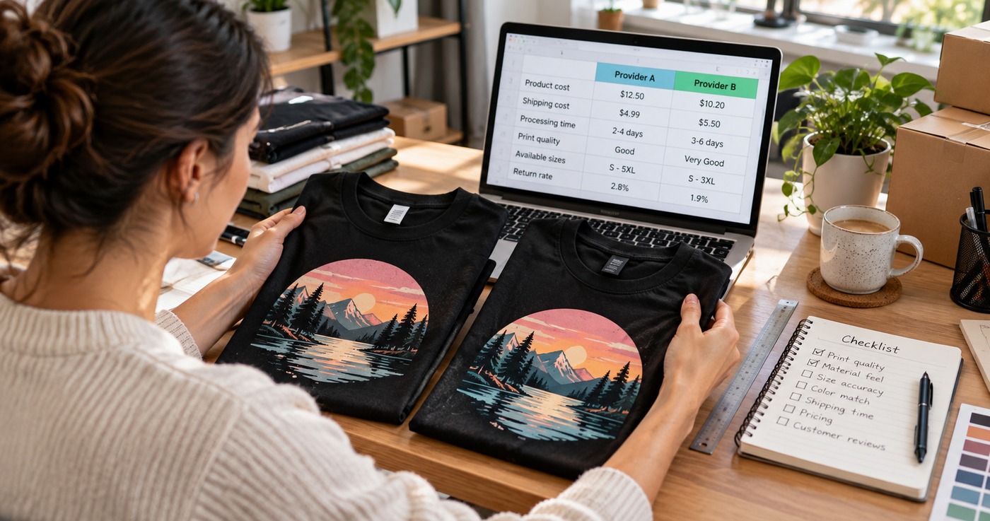 Merchant comparing two black sample T-shirts with the same mountain print next to a laptop spreadsheet of Provider A vs Provider B costs and a quality checklist