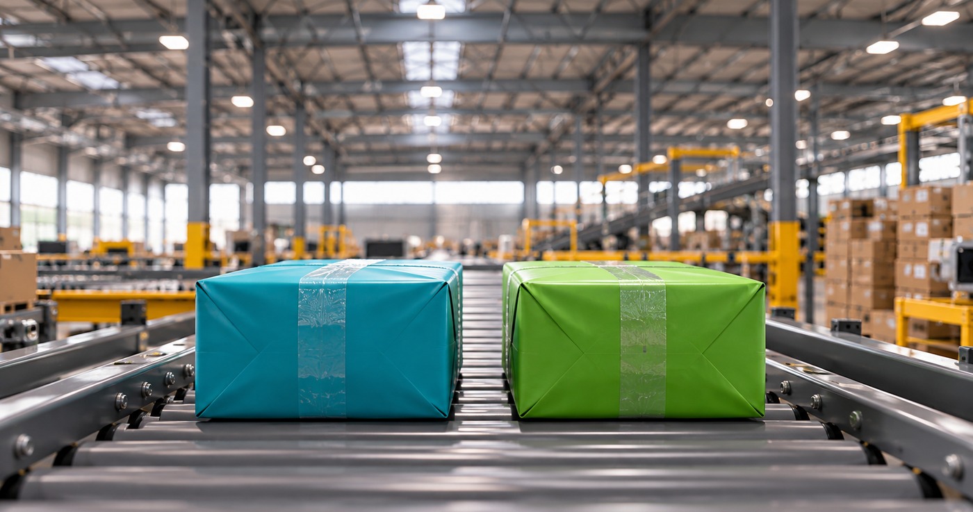 A teal parcel and a green parcel side by side on one conveyor inside a large fulfillment warehouse