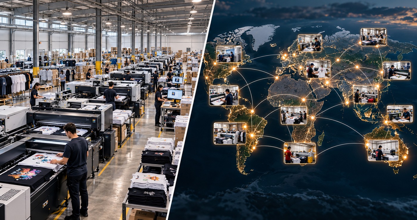 Split image: an in-house garment print factory on the left and a world map of connected partner print shops on the right