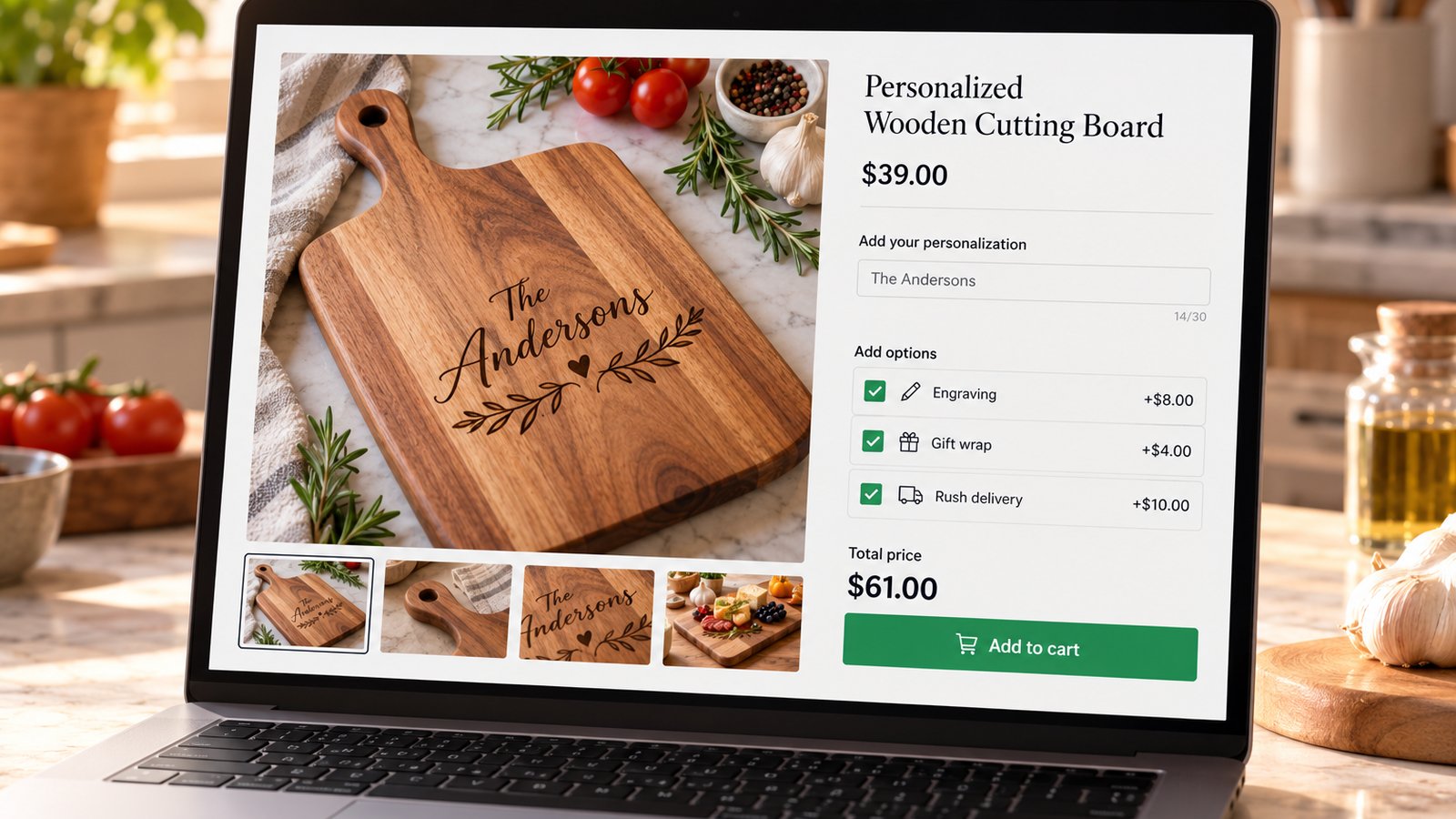A Shopify product page with a gift wrap checkbox (+$4), rush delivery (+$10) and engraving (+$8) options and an updated total price