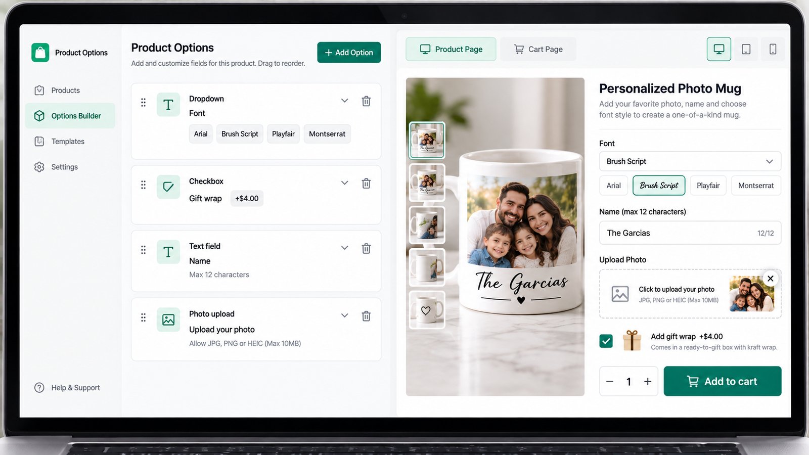 A product options app editor building an option set with a dropdown, a checkbox with a +$4 price, a text field and a photo upload, next to a preview of the product page