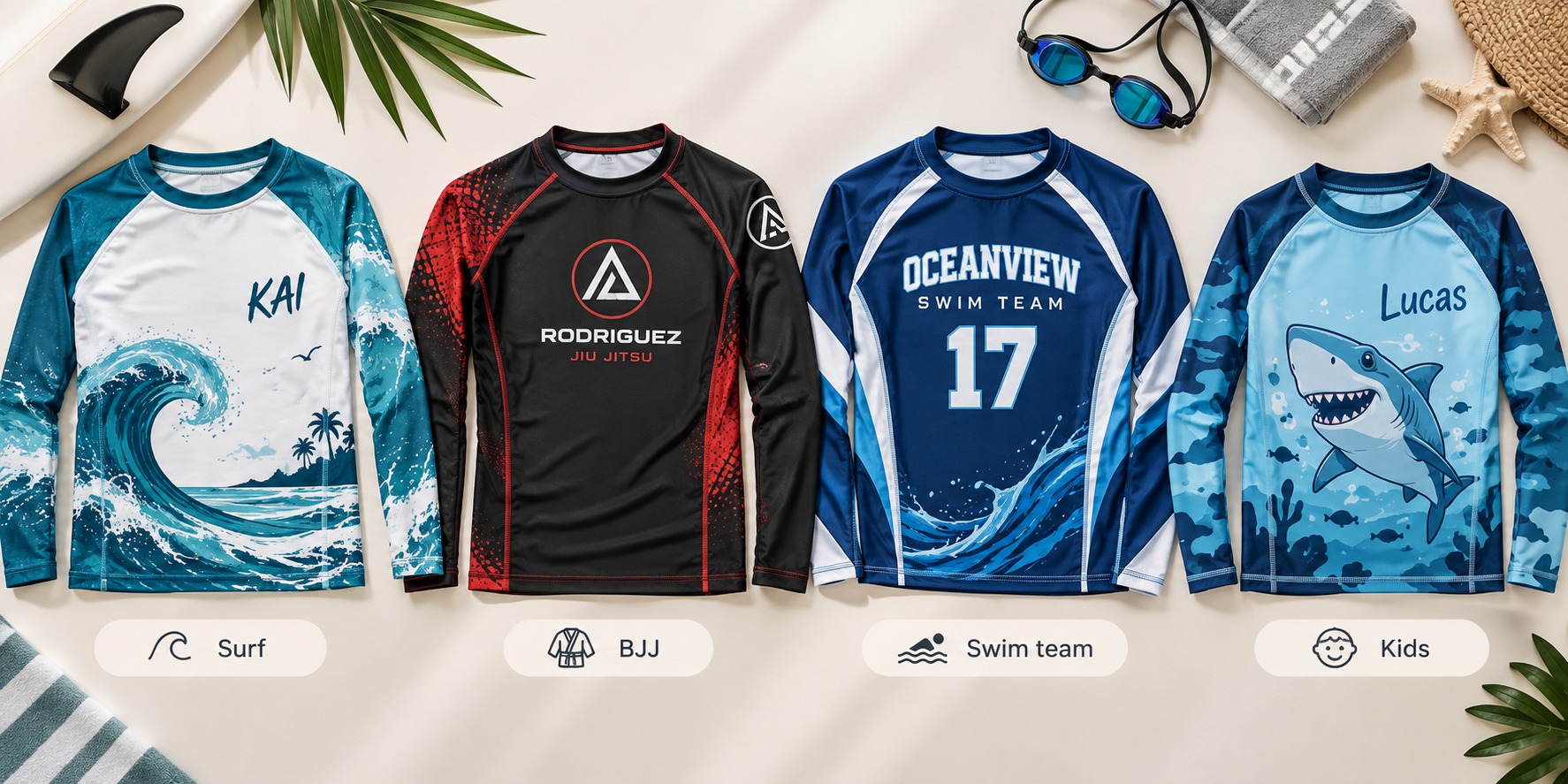 Four custom rash guards labelled Surf (KAI wave), BJJ (Rodriguez Jiu Jitsu), Swim team (Oceanview 17) and Kids (Lucas shark)