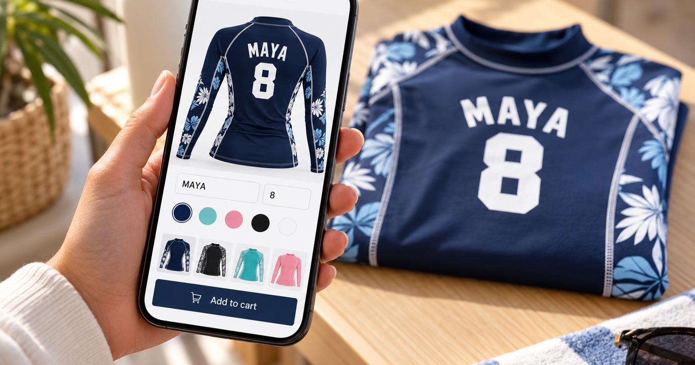 Phone previewing a navy floral rash guard with MAYA and number 8, color swatches and Add to cart, beside the printed rash guard