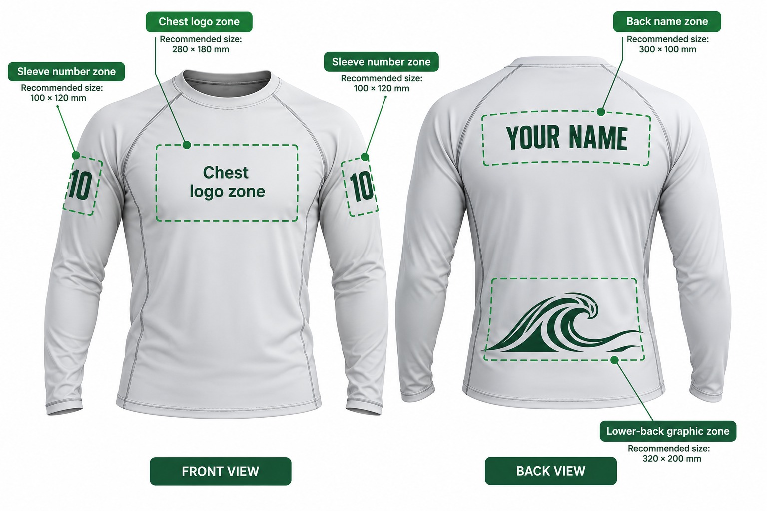 Rash guard front and back diagram with chest logo, sleeve number, back name and lower-back graphic zones and recommended print sizes