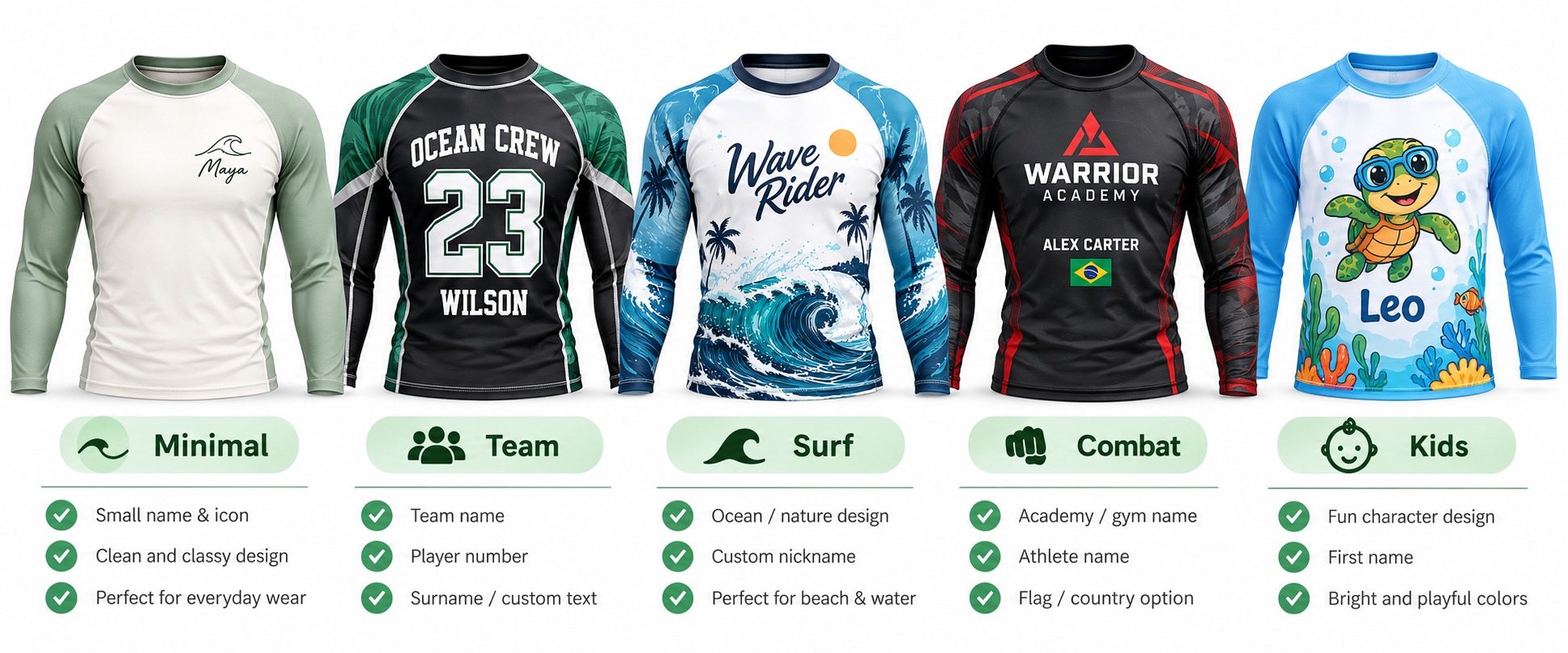 Five rash guard templates: Minimal (Maya), Team (Ocean Crew 23 Wilson), Surf (Wave Rider), Combat (Warrior Academy, Alex Carter) and Kids (turtle, Leo)