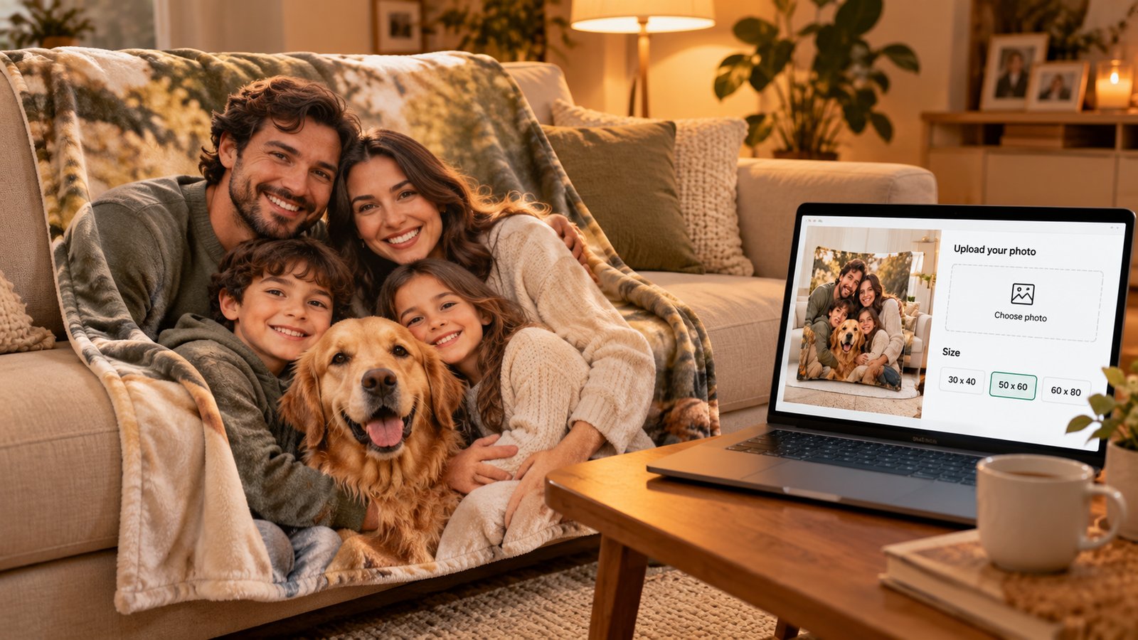 A cozy living room sofa with a large personalized photo blanket of a family and their dog draped over it, and a laptop on the coffee table showing a blanket product page with a photo upload and size options