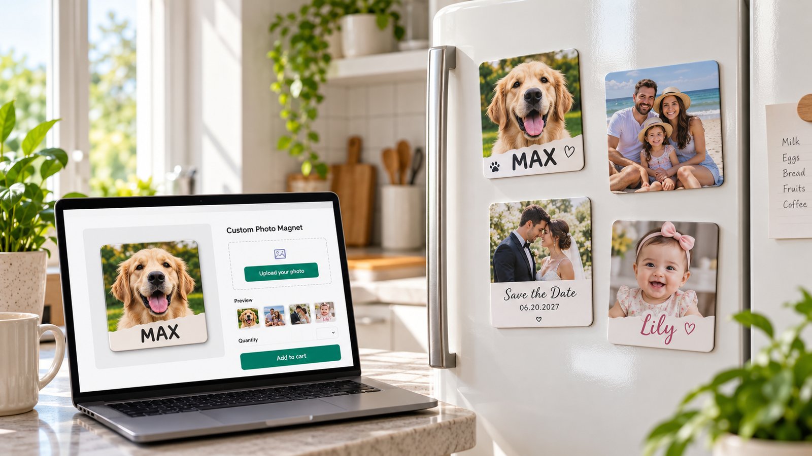 Personalized fridge magnets with pet, family and wedding photos on a white refrigerator, next to a laptop showing a magnet product page with a photo upload and live preview