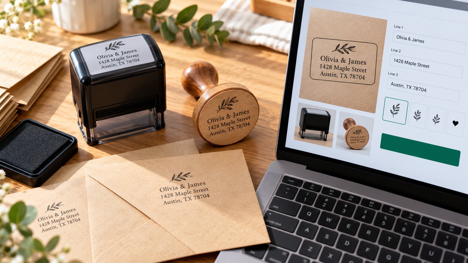 A self-inking address stamp, a wooden round stamp and an ink pad beside kraft envelopes stamped with a names and address design, next to a laptop showing the stamp product page with three address line fields and a live preview