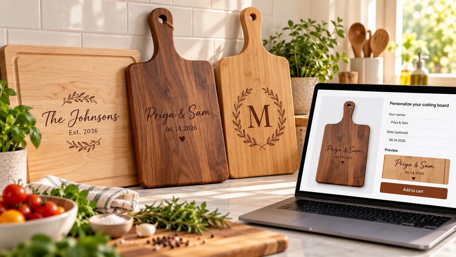 Engraved maple and walnut cutting boards with family names and an Est. date on a kitchen counter, next to a laptop showing a cutting board product page with a name field and live engraving preview