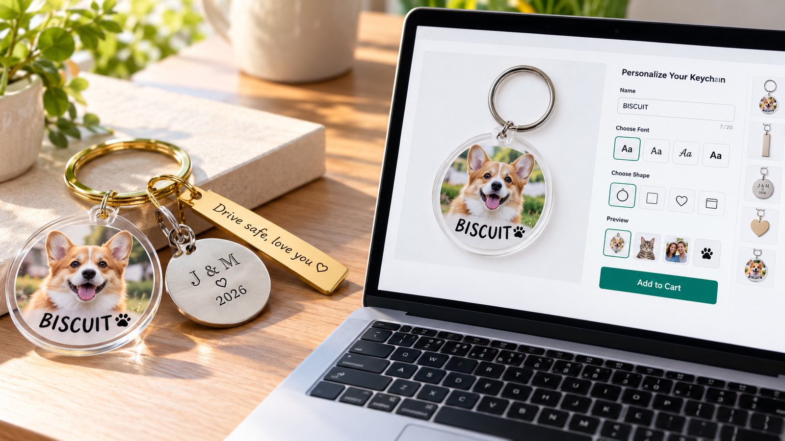 Personalized keychains with a pet photo, engraved names and initials on a desk next to a laptop showing a keychain product page with a name field and live preview