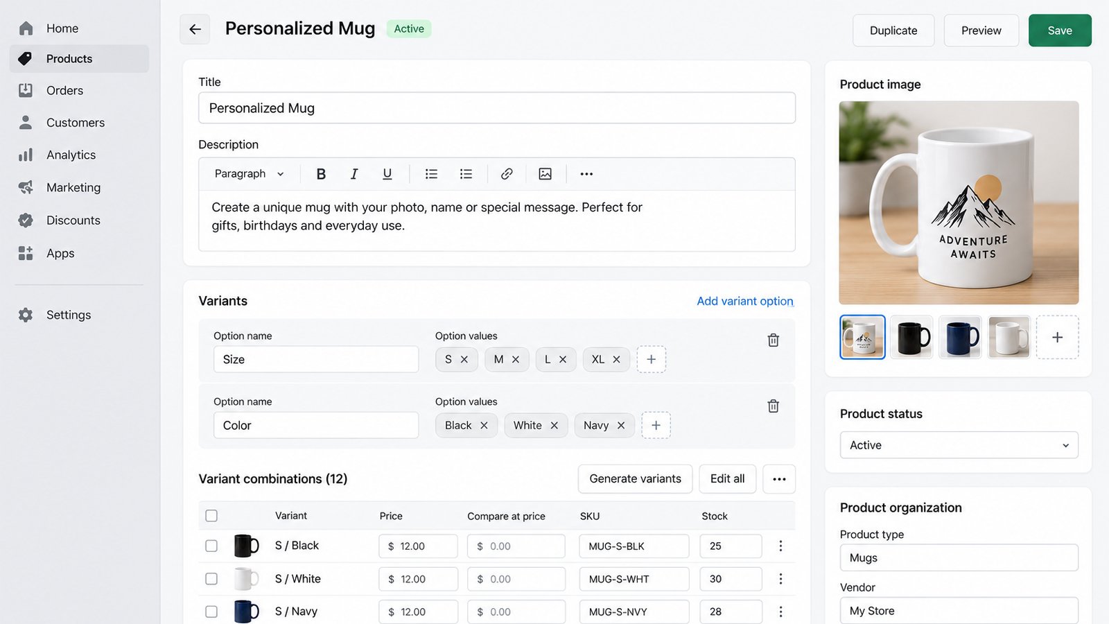 The Shopify admin product page with the Variants section showing Size and Color options with their values and a list of variants with prices