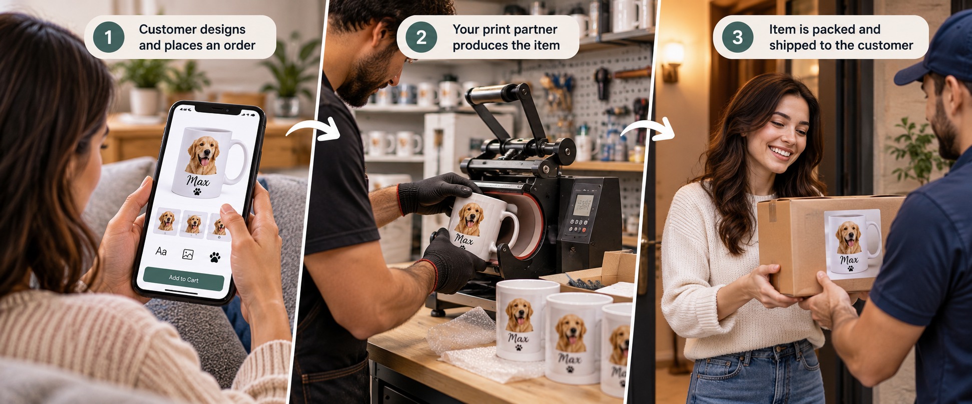 Three-step print-on-demand flow: a customer designs a Max dog mug on a phone, a print partner heat-presses the mug, and a courier delivers it