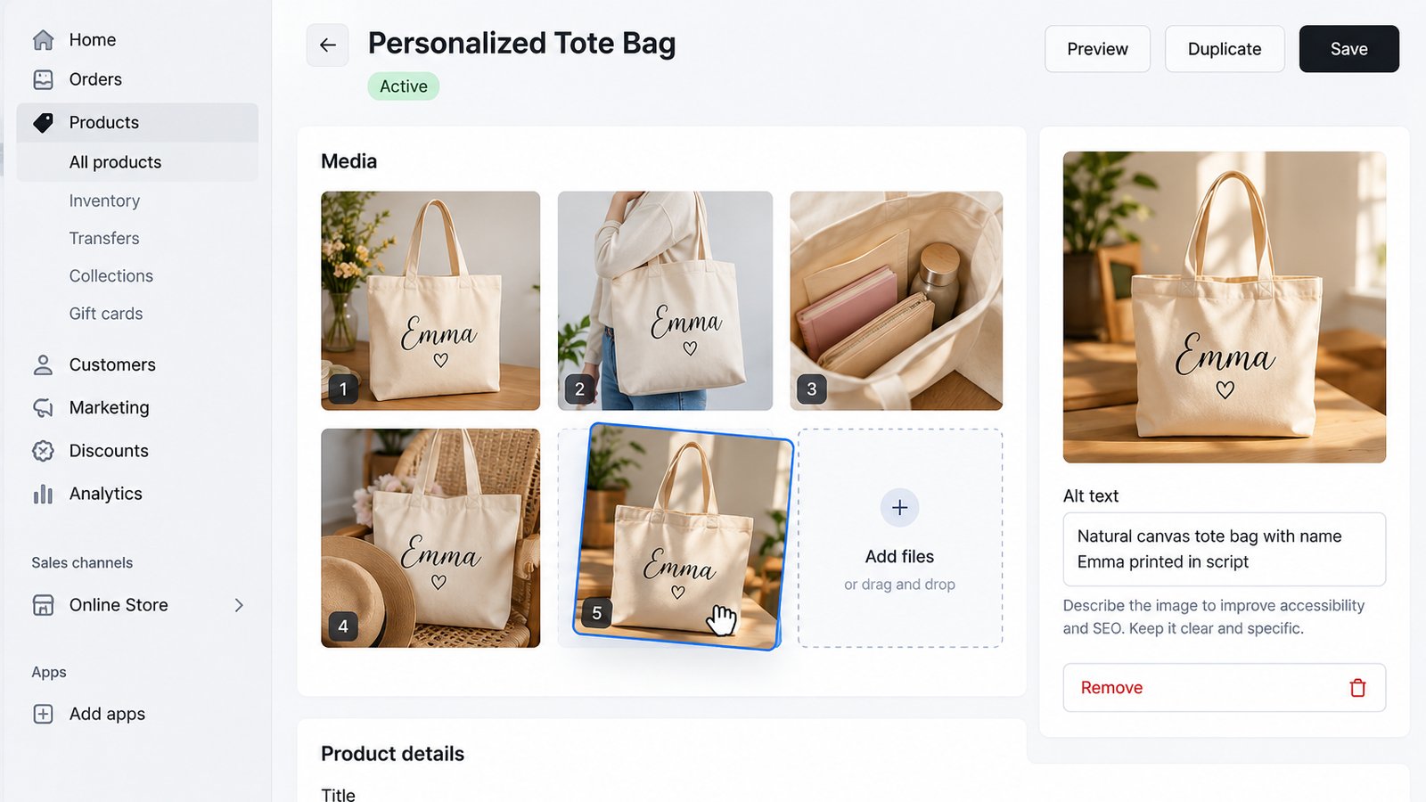 The Shopify admin product page with the Media section showing several product photos being uploaded and reordered
