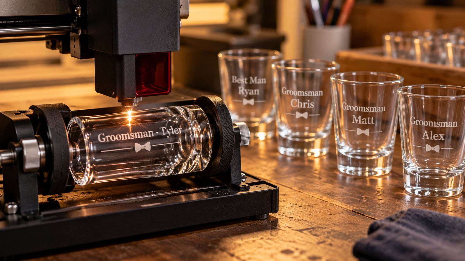 A laser engraving a name onto a clear shot glass in a small workshop