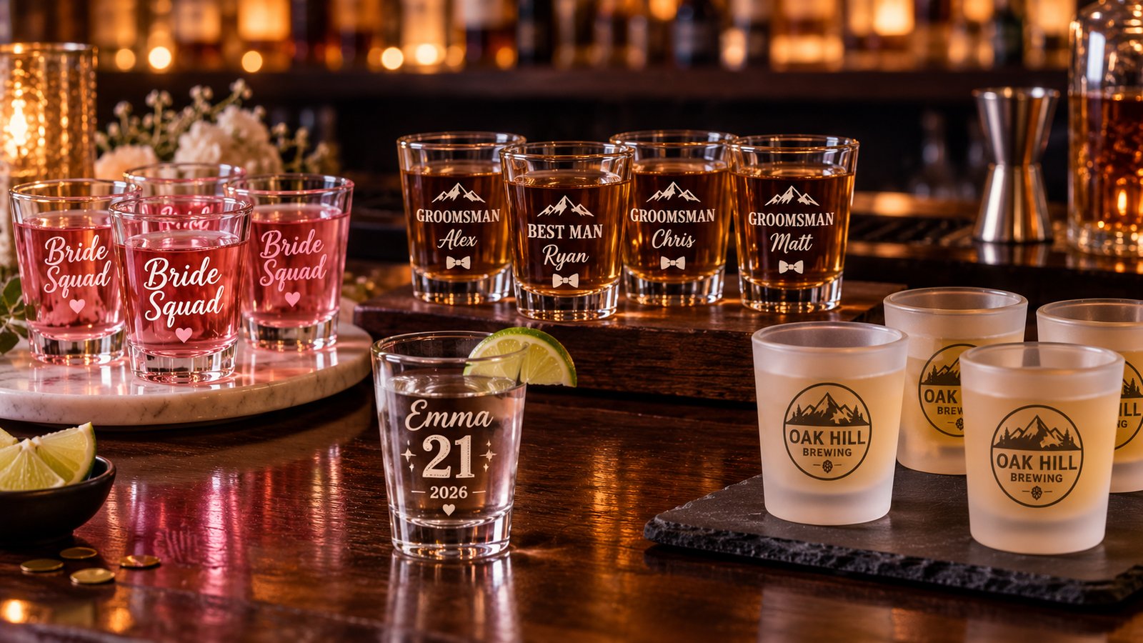 Personalized shot glasses for a bachelorette party, groomsmen, a 21st birthday and a brewery logo