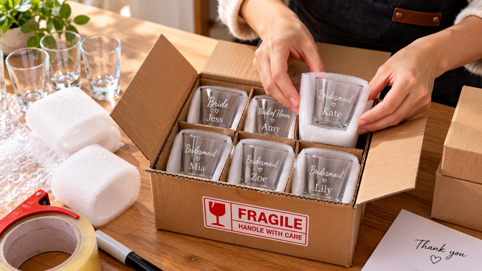 Shot glasses wrapped in foam sleeves packed into a box marked Fragile