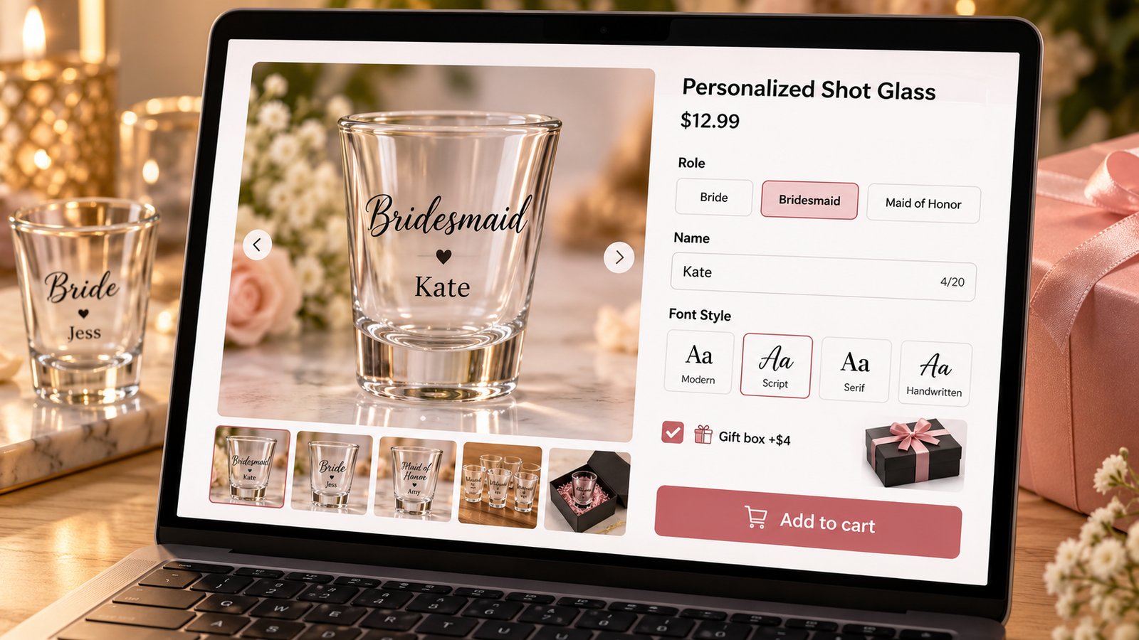 Illustration of a shot glass product page with name and role fields, a font picker and a live preview of the glass