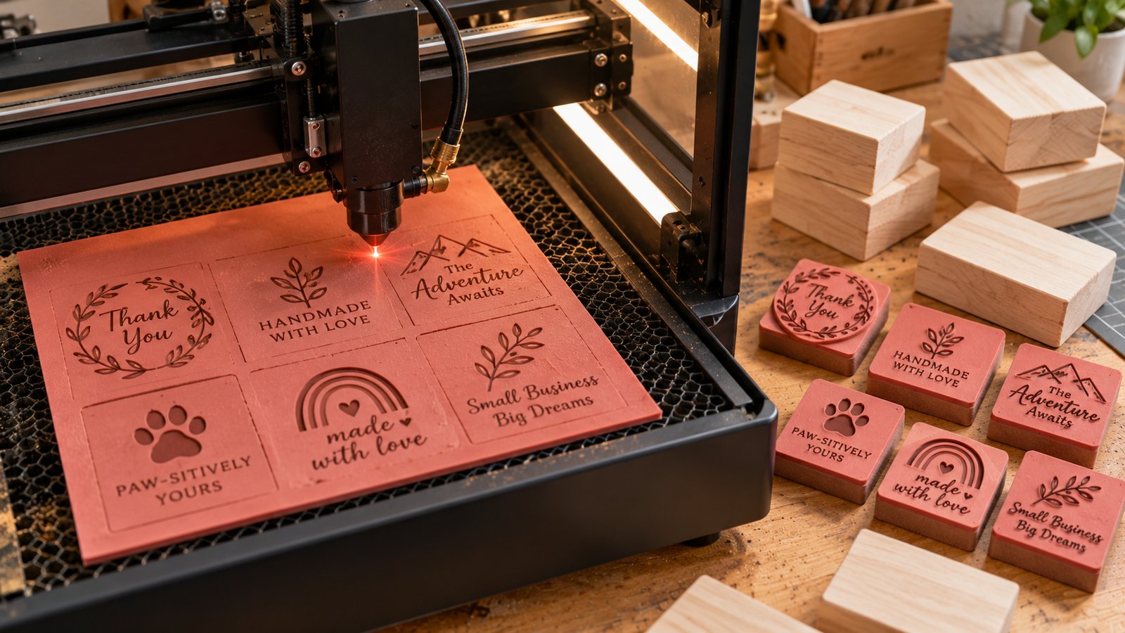A CO2 laser engraver cutting custom rubber stamp dies from a sheet of laser rubber, with finished dies and wood blocks beside it