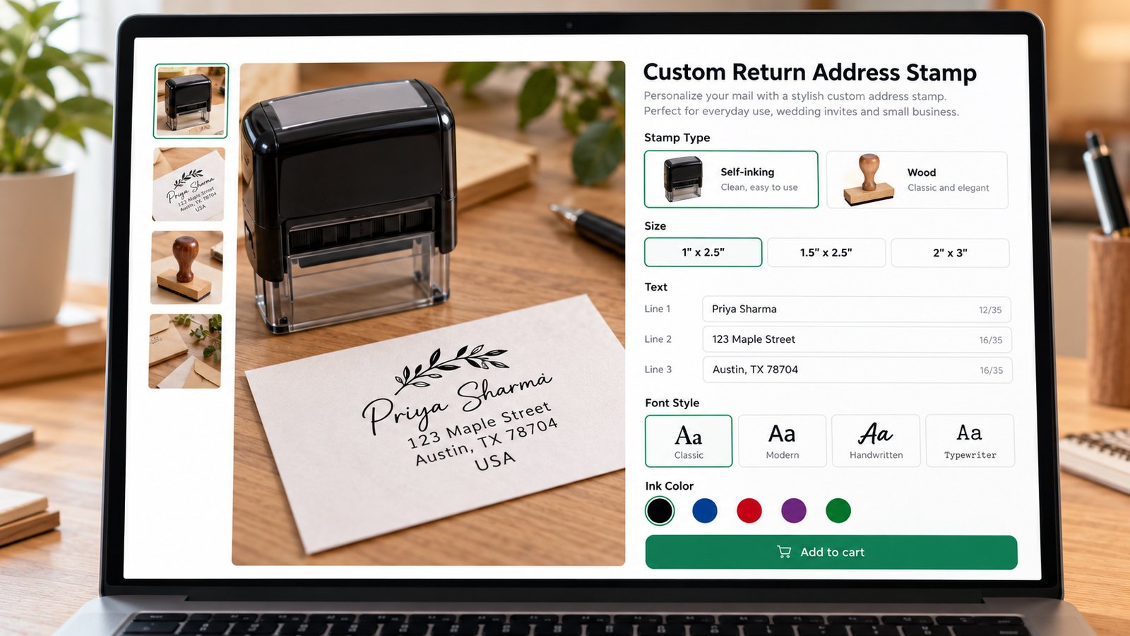 A Shopify product page for a custom return address stamp with stamp type and size options, three address line fields, font swatches and a live preview of the impression