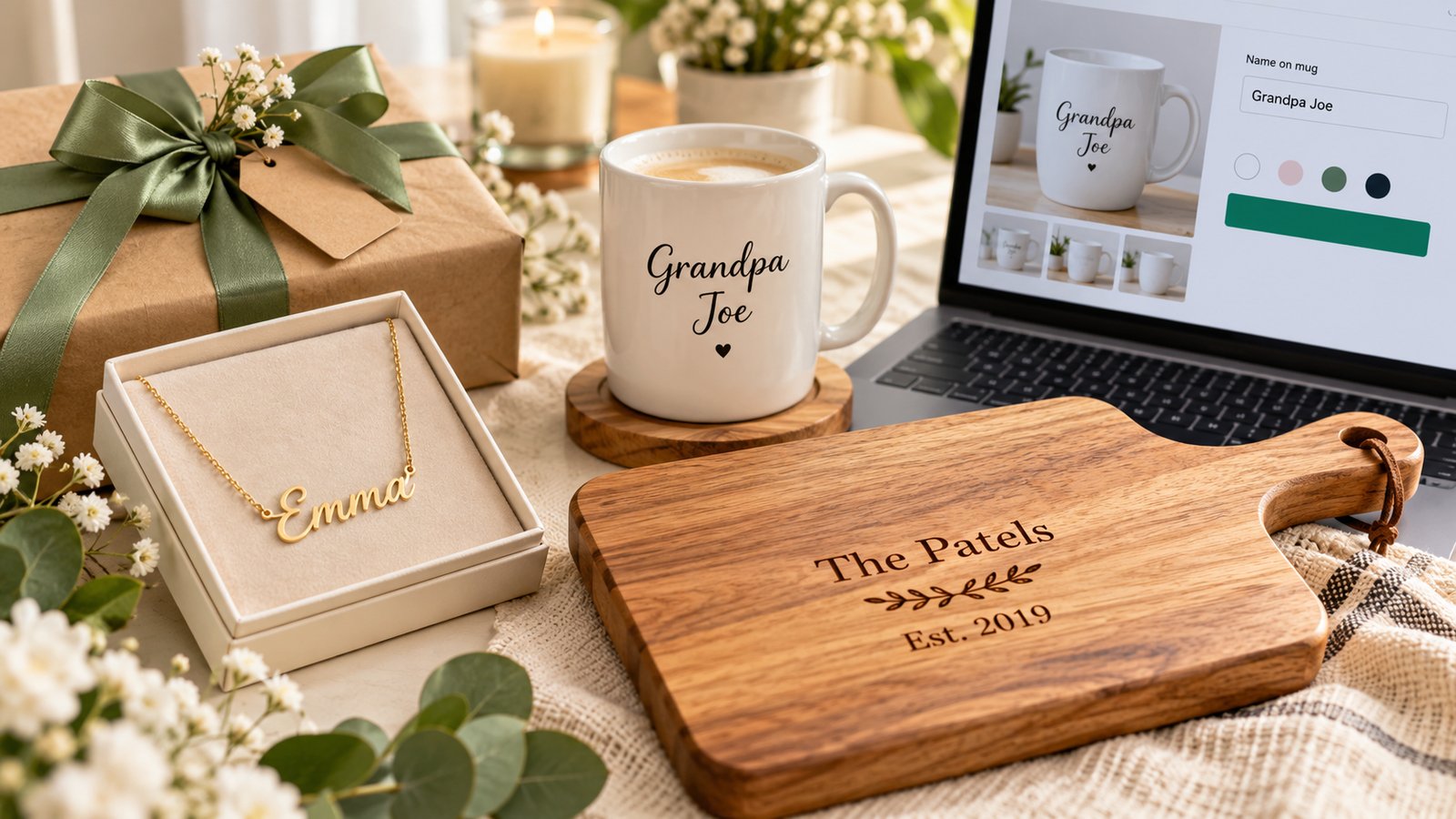 A gold name necklace reading Emma in a gift box, a white mug printed Grandpa Joe, a wooden cutting board engraved The Patels Est. 2019, a wrapped gift and a laptop showing a mug product page with a name field